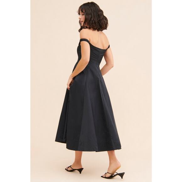 New Free People Alinda Midi Dress $228 SIZE 4 Shiny Black Off-The-Shoulder - Picture 6 of 9